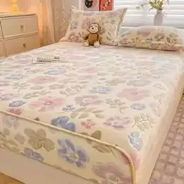 Autumn and Winter Plush Fitted Sheet Set Non-Slip Milk Velvet Bed Cover with Pillowcase Thickened Warm Printed Bedding Textiles product image