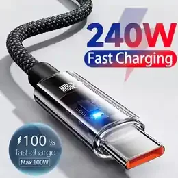 240W Nylon USB Type C Super Fast Charging Cable for Samsung, Xiaomi, Huawei & Honor, LED Digital Display USB-C Charger Data Cord product image