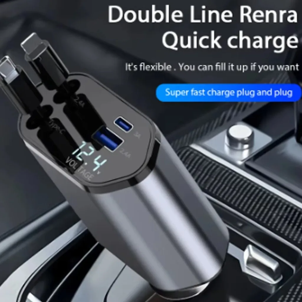 Retractable Dual-Line Car Charger • USB + Type-C Fast Charging product image