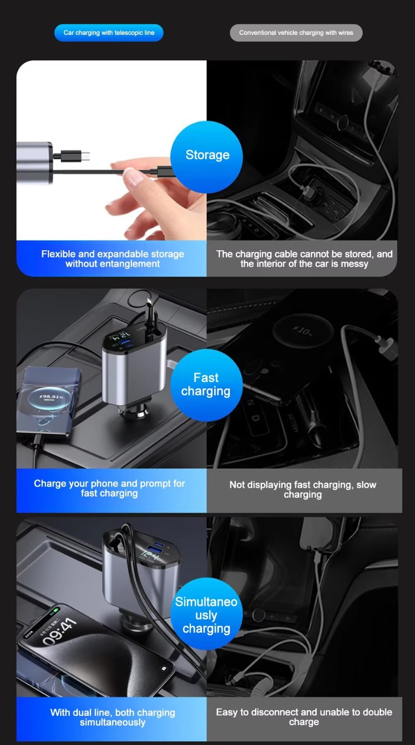 Retractable Dual-Line Car Charger • USB + Type-C Fast Charging product image