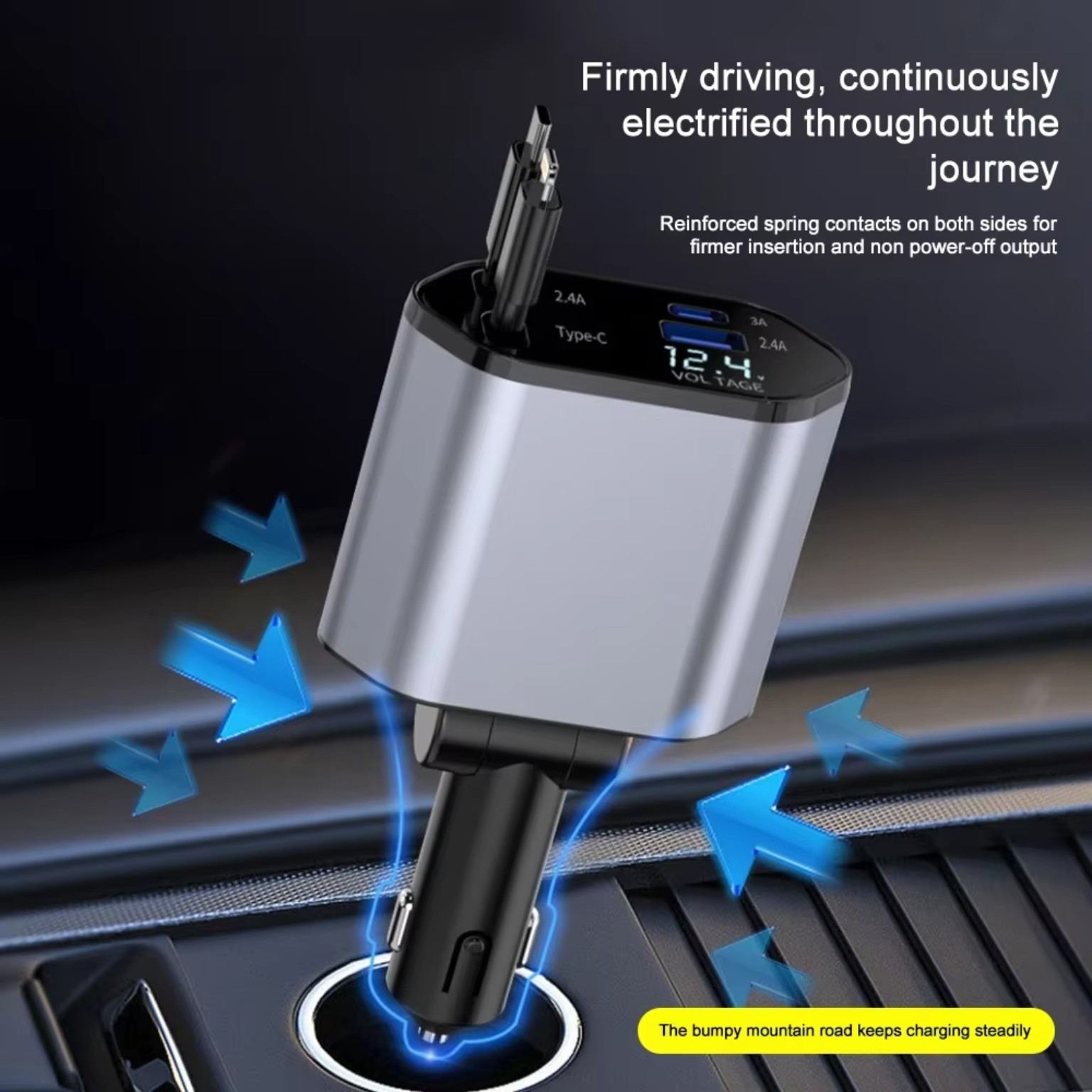Retractable Dual-Line Car Charger • USB + Type-C Fast Charging product image