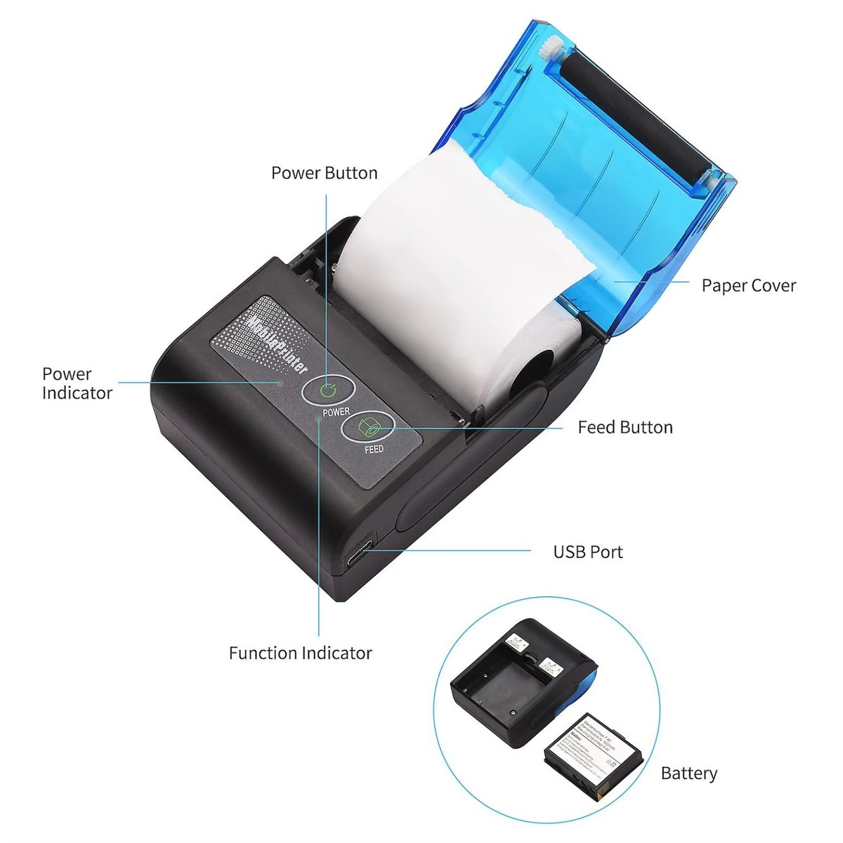 58mm Mini Portable Thermal Receipt Printer • Bluetooth + USB product image