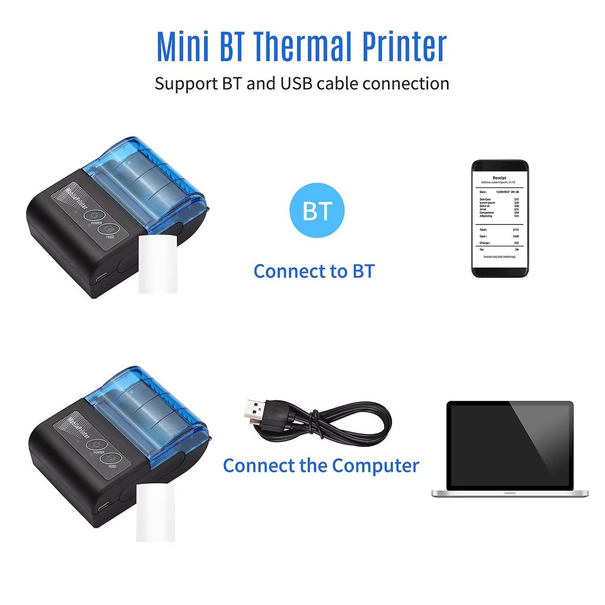 58mm Mini Portable Thermal Receipt Printer • Bluetooth + USB product image