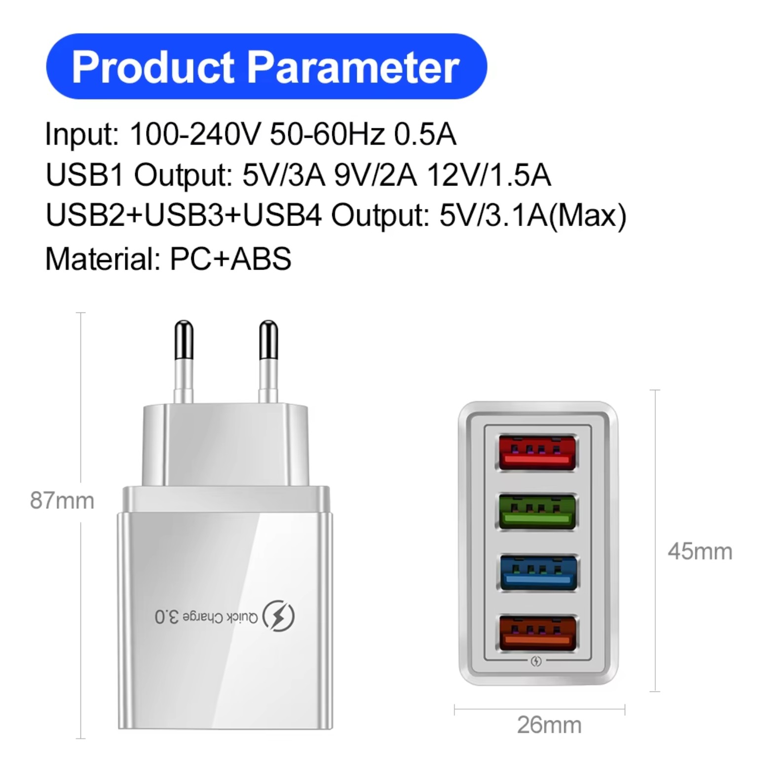 3A USB Charger 4-Port Quick Charge 3.0 Wall Adapter product image